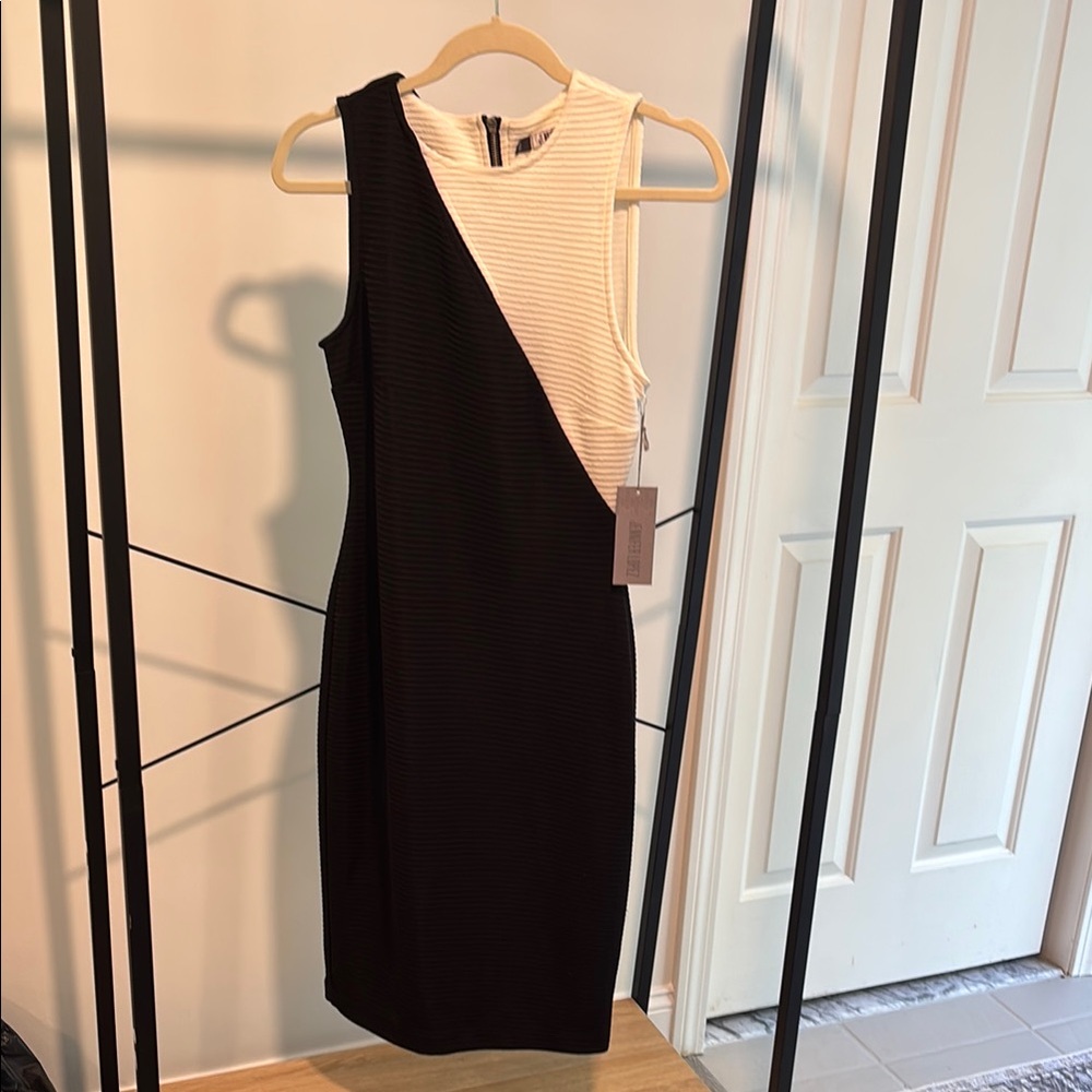 Jennifer Lopez Black and Cream Asymmetrical Sheath Dress